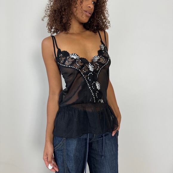Vintage Italian Black Sheer Mesh Sequin Floral Beaded Cami Top (S/M) - Picture 6 of 12